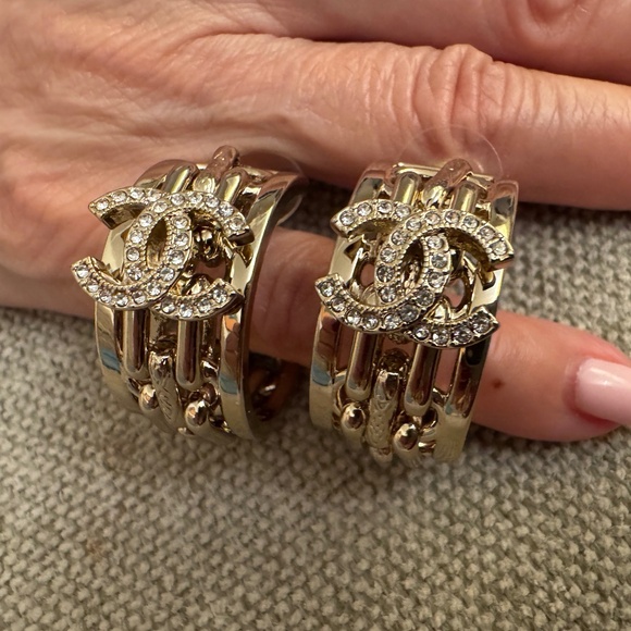 Super Rare New Classic Chanel CC Logo Crystal & 24K Gold Small Hoop Earrings